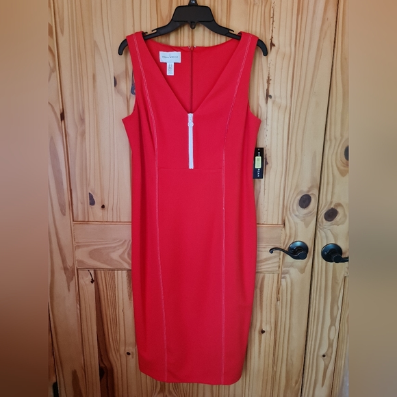 Donna Morgan V Neck Contrast Zipper Stitching BodyCon Sleeveless Lined NWT 14 - Picture 4 of 7